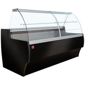 Diamond Gekühlte Verkaufstheke mit gebogener Frontscheibe, Umluft & Reservefach – Schwarz, 2000mm