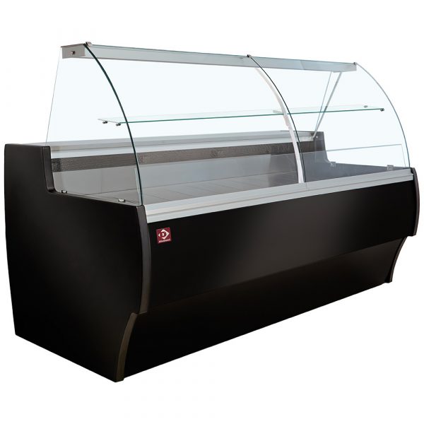 Diamond Gekühlte Verkaufstheke mit gebogener Frontscheibe, Umluft & Reservefach – Schwarz, 2000mm
