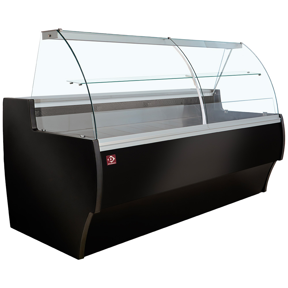 Diamond Gekühlte Verkaufstheke mit gebogener Frontscheibe, Umluft & Reservefach – Schwarz, 2000mm – Bild 1