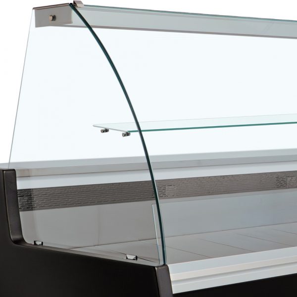 Diamond Gekühlte Verkaufstheke mit gebogener Frontscheibe, Umluft & Reservefach – Schwarz, 2000mm