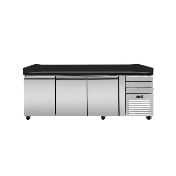 Pizzakühltisch PRO Granit Star Galaxy schwarz, 3 Türen + 3 Schubladen, inkl. Kühlaufsatz GN1/3 mit Glas